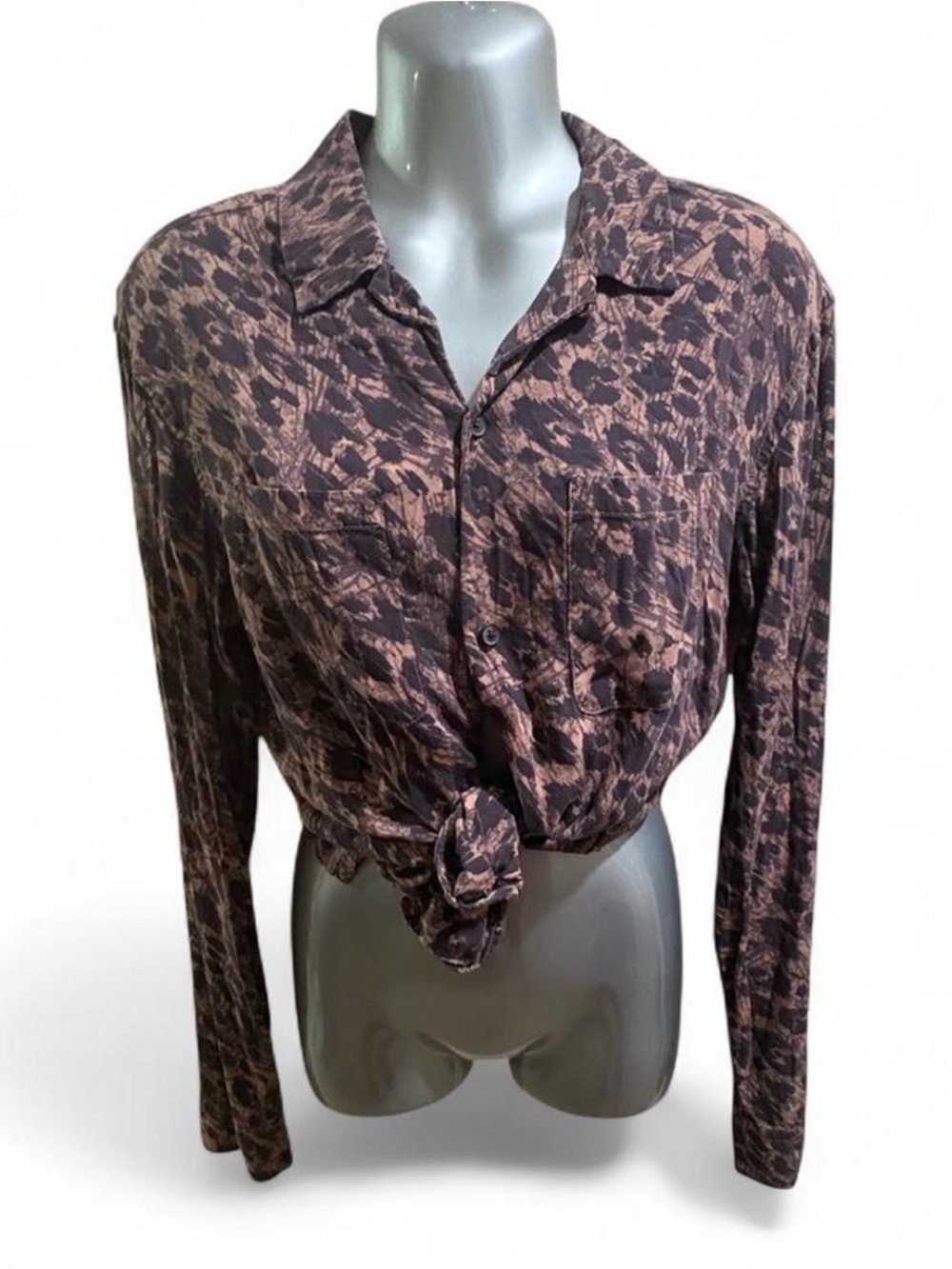 $200 AllSaints Brown & Black Animal Patterned Button-Up Blouse Sz S